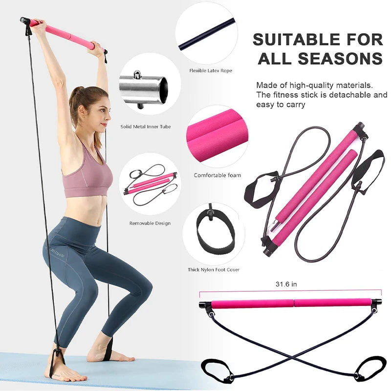 Multifunctional Pilates Bar Combination Fitness Bar Yoga Chest Expansion Tension Rope Back Trainer Elastic Rope Stretching Belt